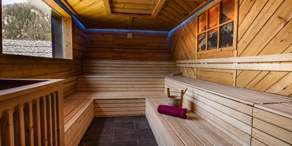 Campingplätze - Hundedusche - Berchtesgaden - Sauna im Altholz-Look mit Panoramafenster - Camping-Resort Allweglehen