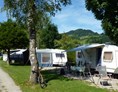 Campingplatz: Unsere Wohnwagenstellplätze mit dem Stoffelberg im Hintergrund. - Camping Zeh am See/ Allgäu