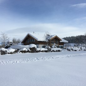 Campingplatz: Die Aussicht von der Langlaufloipe auf die verschneite Campingplatzanlage.  - Camping Zeh am See/ Allgäu